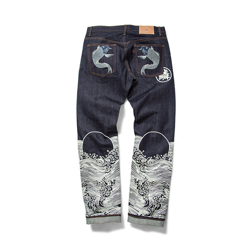 CARPTOWN REGULAR-FIT RAW SELVEDGE JEANS WITH SILVER CARP EMBROIDERY AND LASER PRINTED WAVE AND SUN