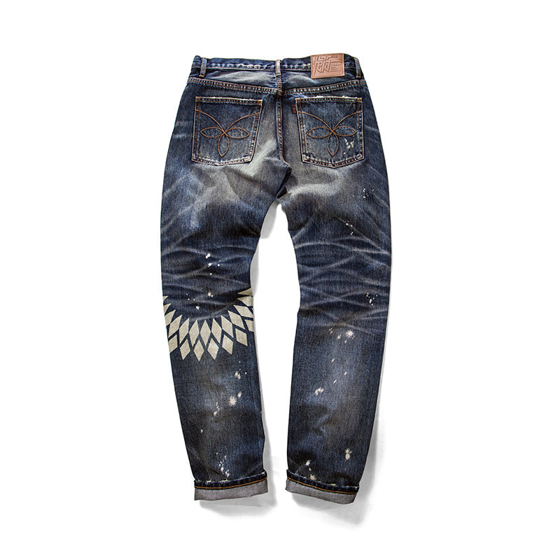 HE75 SLIM-FIT RIP-AND-REPAIR DISTRESSING SELVEDGE JEANS WITH FLYING FEATHER LASER PRINTED