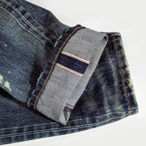 HE75 SLIM-FIT RIP-AND-REPAIR DISTRESSING SELVEDGE JEANS WITH FLYING FEATHER LASER PRINTED