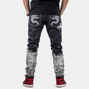 CARPTOWN REGULAR-FIT RAW SELVEDGE JEANS WITH SILVER CARP EMBROIDERY AND LASER PRINTED WAVE AND SUN