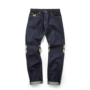 CARPTOWN REGULAR-FIT RAW SELVEDGE JEANS WITH GOLDEN CARP EMBROIDERY AND LASER PRINTED SUMENAWA